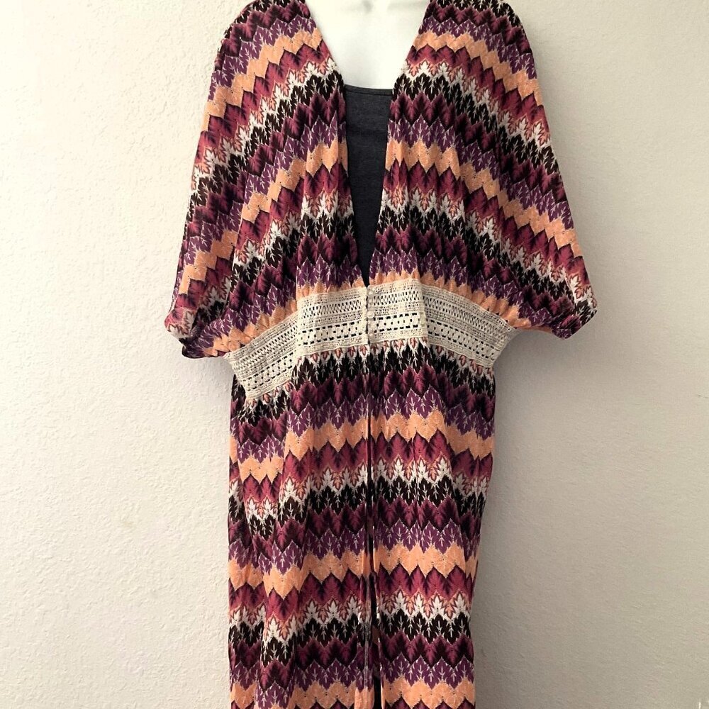 NWOT CATO Plus Size Boho Chevron Crochet Waist Maxi Kimono Duster Coverup 22-24